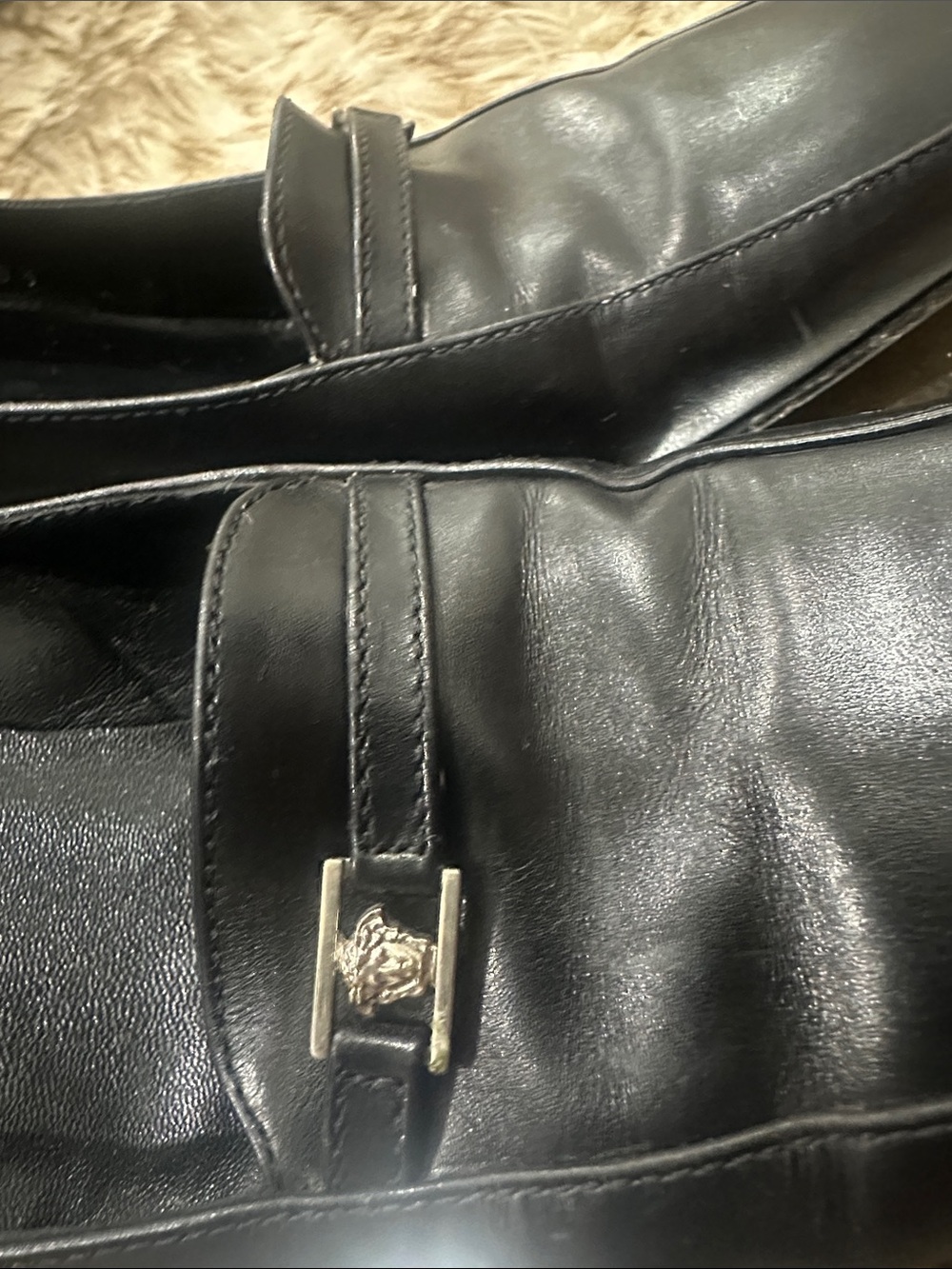 VERSACE Black Leather Square-Toe Loafers with Silver VERSACE Medusa Accent - Picture 5 of 8
